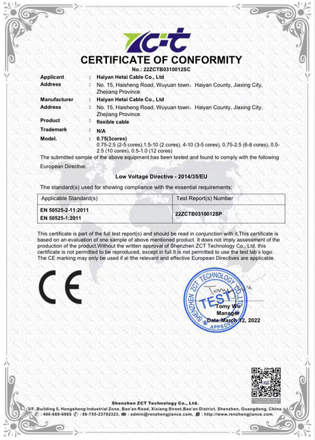 China Haiyan Hetai Cable Co., Ltd. Certification