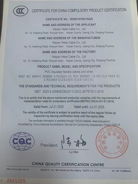 China Haiyan Hetai Cable Co., Ltd. Certification